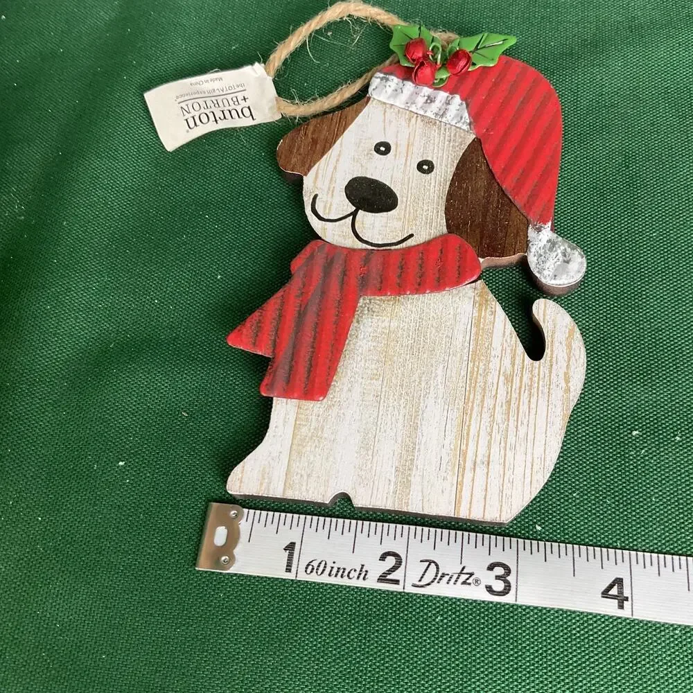 Rustic Wooden Dog with Corrugated Metal Santa Hat & Scarf Christmas Ornament